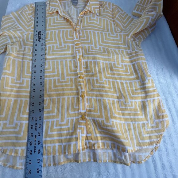 Chico's Womens Yellow Maze Print Linen No Iron Shirt Size 2.5 Button Down Casual - Picture 7 of 7